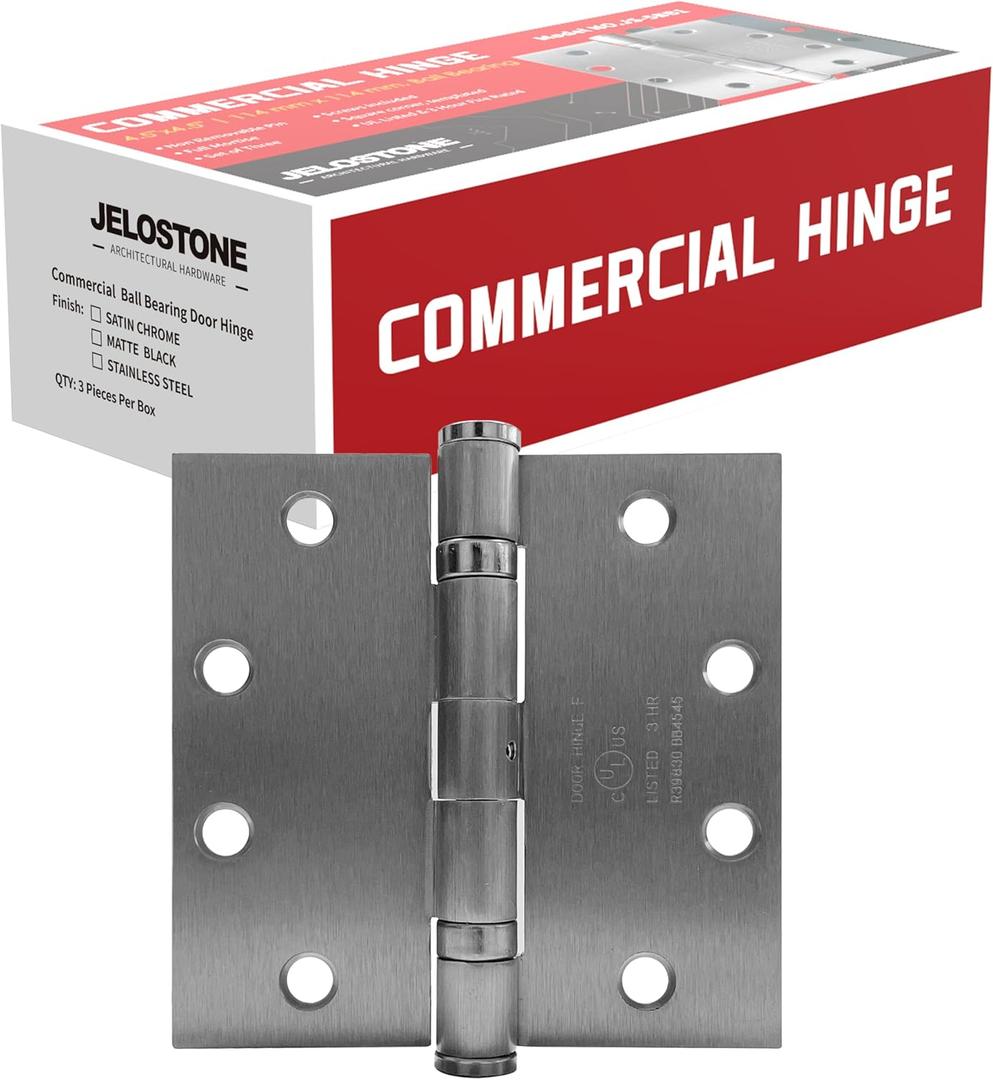 3 Pack - 4.5'' x 4.5'' Commercial Grade Ball Bearing Door Hinge, Non-Removable Pin, UL Listed & 3 Hour Fire Rated, Full Mortise, JS-5BB1 (Satin Chrome)