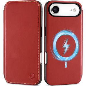 SHIELDON Genuine Leather Slim Case Wallet for iPhone Air 6.5-inch 2025 | Wireless Charging | Folio Magnetic Closure | RFID Blocking Credit Card Slot | Shock-Absorbent Cover | Retro Red