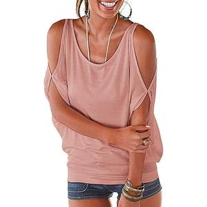 Miselon Women Cold Shoulder O-Neck Short Sleeve Loose Fit Summer Shirt Blouse Tops (Medium, Bisque)