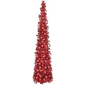 Red Christmas Tree, 5ft Collapsible Pop Up Tinsel Christmas Tree for Holiday Party Xmas Decor, Home Office Farmhouse Fireplace Decoration, Red-1
