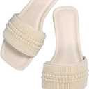 OYOANGLE Women's Pearl Beaded Single Band Square Open Toe Flat Sandals Elegant Casual Leather Slides Slippers (8, Beige)