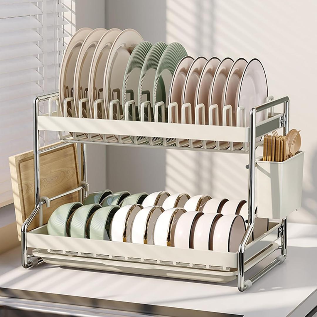 2 Tier Dish Drying Rack Dishes Organizer Rack Double Decker for Kitchen Counter (White-manual Tray)