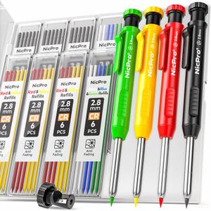 Nicpro 4 Pack Carpenter Pencil with Sharpener, Mechanical Carpenter Pencils with 52 Refills, Construction Pencil Heavy Duty Woodworking Pencils for Architect (Red, Black, Yellow, Blue)