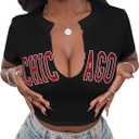 Hilinker Women's Sexy Graphic Crop Tops Short Sleeve V Neck T Shirts Summer Tees Black Chicago Large (Black, L)