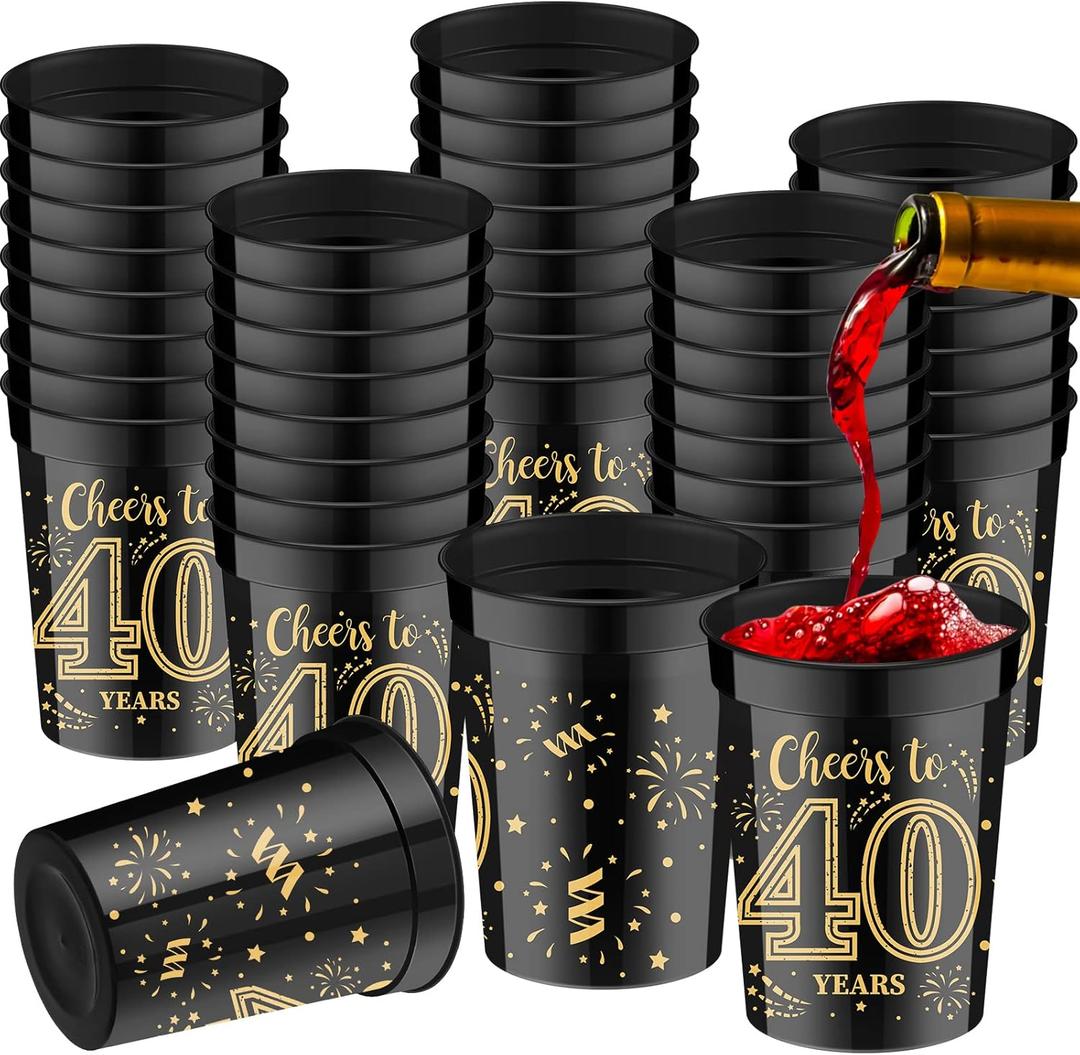 Cunhill 40 Pack 40th Birthday Cups Cheers to 40 Years Gold and Black Plastic Stadium Cups for Birthday Decorations Party Favors Men Women Wedding Anniversary Supplies (8 oz)