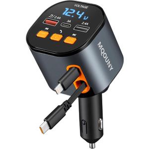 Retractable Car Charger,5 in 1 Fast Cars Phone Charger 90W,Bluetooth 5.3 FM Transmitter Adapter,Handsfree Call,2 Retractable Cables and USB Chargers for iPhone17/16 15/14/13 (Black)