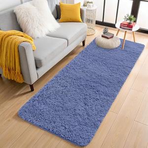 OLANLY 2x8 Machine Washable Runner Rugs for Hallway, Soft Fluffy Shaggy Bedside Rugs for Bedroom, Living Room, Indoor Floor Carpet for Kids Girls and Boys, Home Decor Aesthetic, Denim Blue