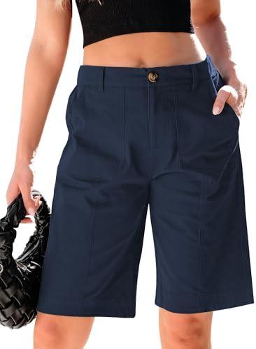 luvamia Bermuda Shorts for Women Knee Length High Waisted Cotton Elastic Waist Summer Dressy Casual Long Chino Shorts Size XL