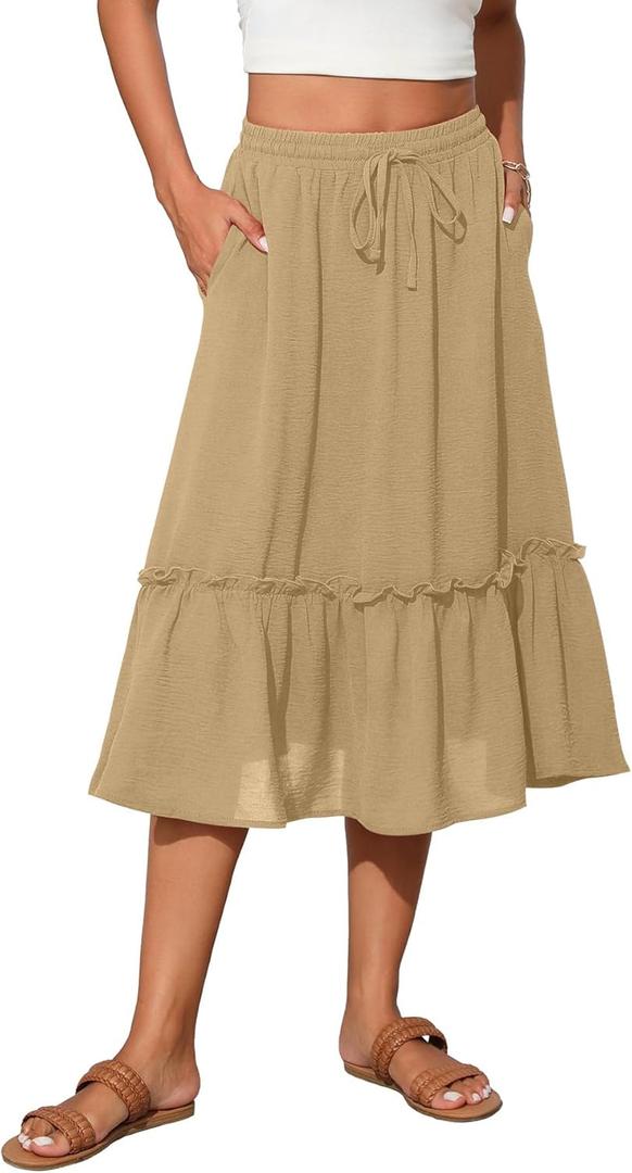 High Waist Tiered Skirts for Women Flowy Skirts for Women Below Knee with Pockets 2025 Fashion Trendy (Medium, A-24 Khaki)