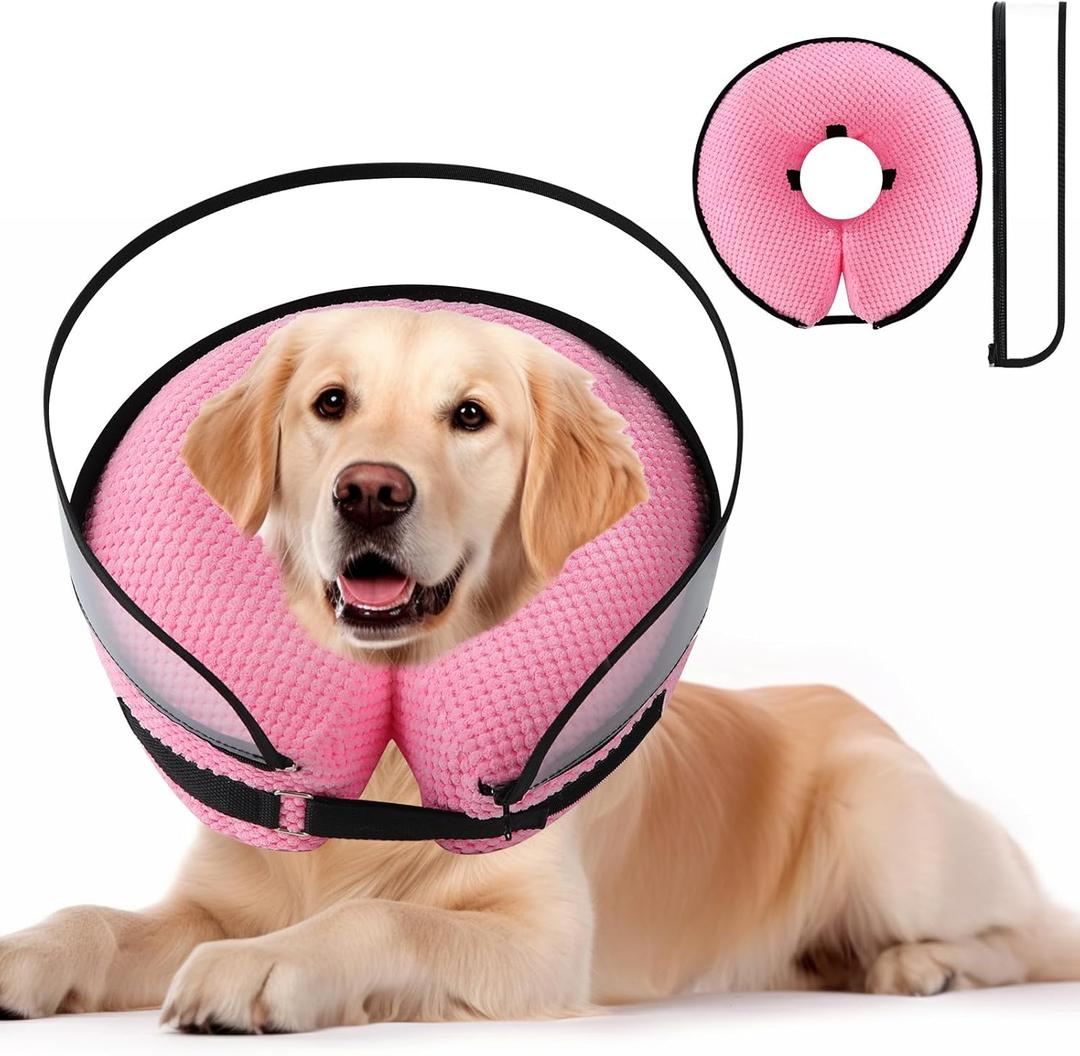 2-in-1 Soft Inflatable Dog Cone Collar Alternative with Enhanced Anti-Licking Guard Shield, Dog Collar After Surgery, Adjustable Recovery Cones for Large Medium Small Dogs and Cats (Pink, M) (Medium[Neck: 7.0" - 9.0"])