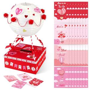 Chivertion Valentines Day Boxes DIY Mailbox with 32 Hot Air Balloon Greeting Cards Valentine's Day Table Box Gift for Party Favor Sets for School Classroom Gifts Exchange