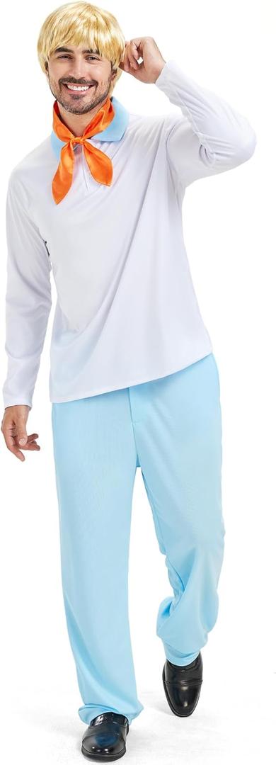 Halloween Cartoon Character Costume, Men’s Mystery Solving Detective Suit with Wig Scarf Shirt & Pants for Movie Cosplay, XL