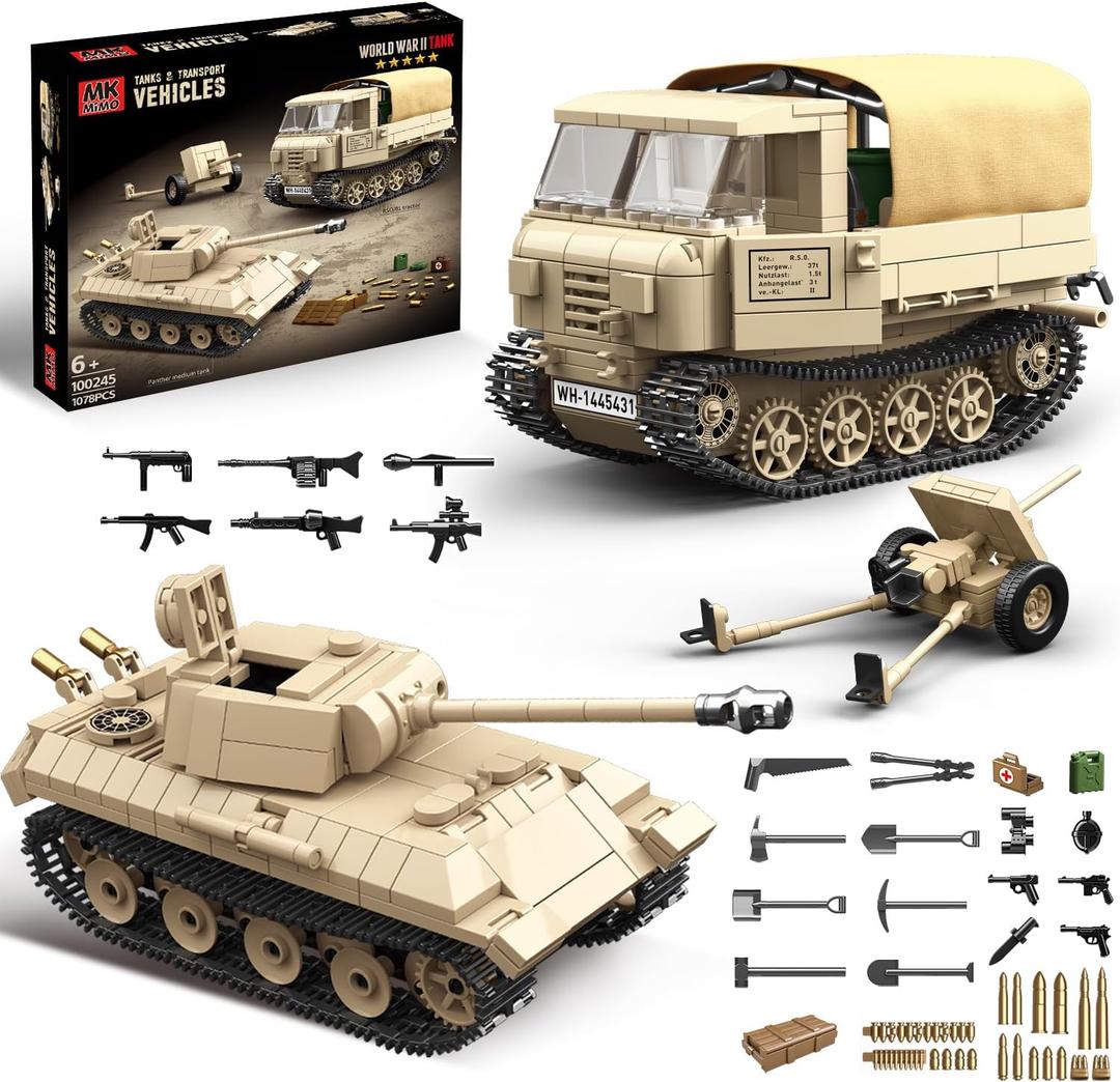 WW2 Panther Medium Tank & RSO Tractor Vehicle Building Blocks, Compatible with Lego Military Set, Great Army Gift for Kids and Teens Over 8 Years Old (1078 Pieces)