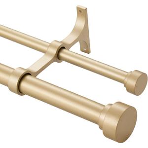 Heavy Duty Double Curtain Rods with Cylindrical Cap Finials - 36 to 72' Telescoping Rods, 1 Inch and 5/8 Inch Diameter, Light Gold
