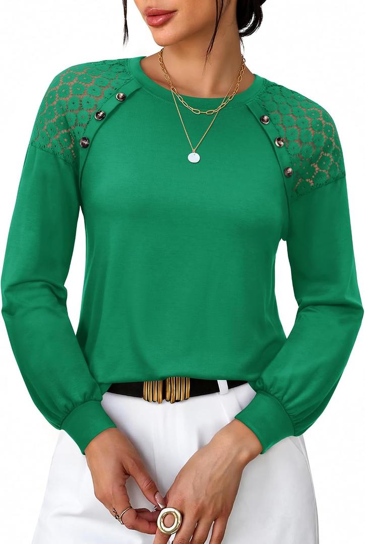 siliteelon Lace Long Sleeve Tops Dress Shirt Womens Crew Neck Loose Dressy Blouse Business Casual Work Summer 2026 Green (Green, XXL)