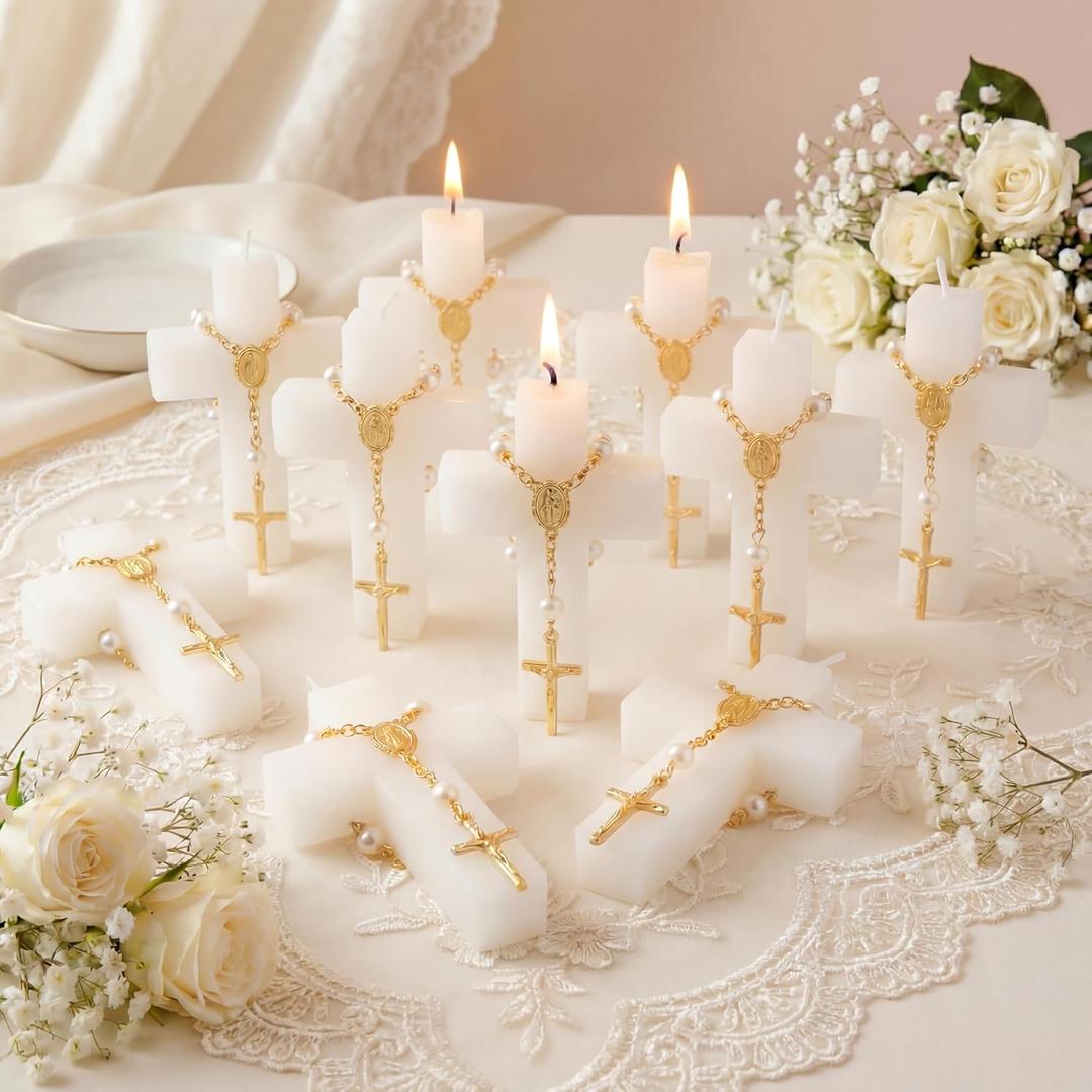 Kenning 24 Sets 72 Pcs Baptism Favors for Guests with Cross Candles Rosaries Organza Bags First Communion Gifts for Baptism Christian Souvenirs Gifts First Communion Wedding Baby Shower
