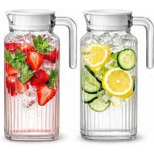 Glass Pitcher with Lid – 2 Pack 55 oz Glass Water Pitcher, Iced Tea Pitcher with Handle, Ribbed Juice Container for Fridge, Glass Beverage Container for Lemonade, Milk, Drinks