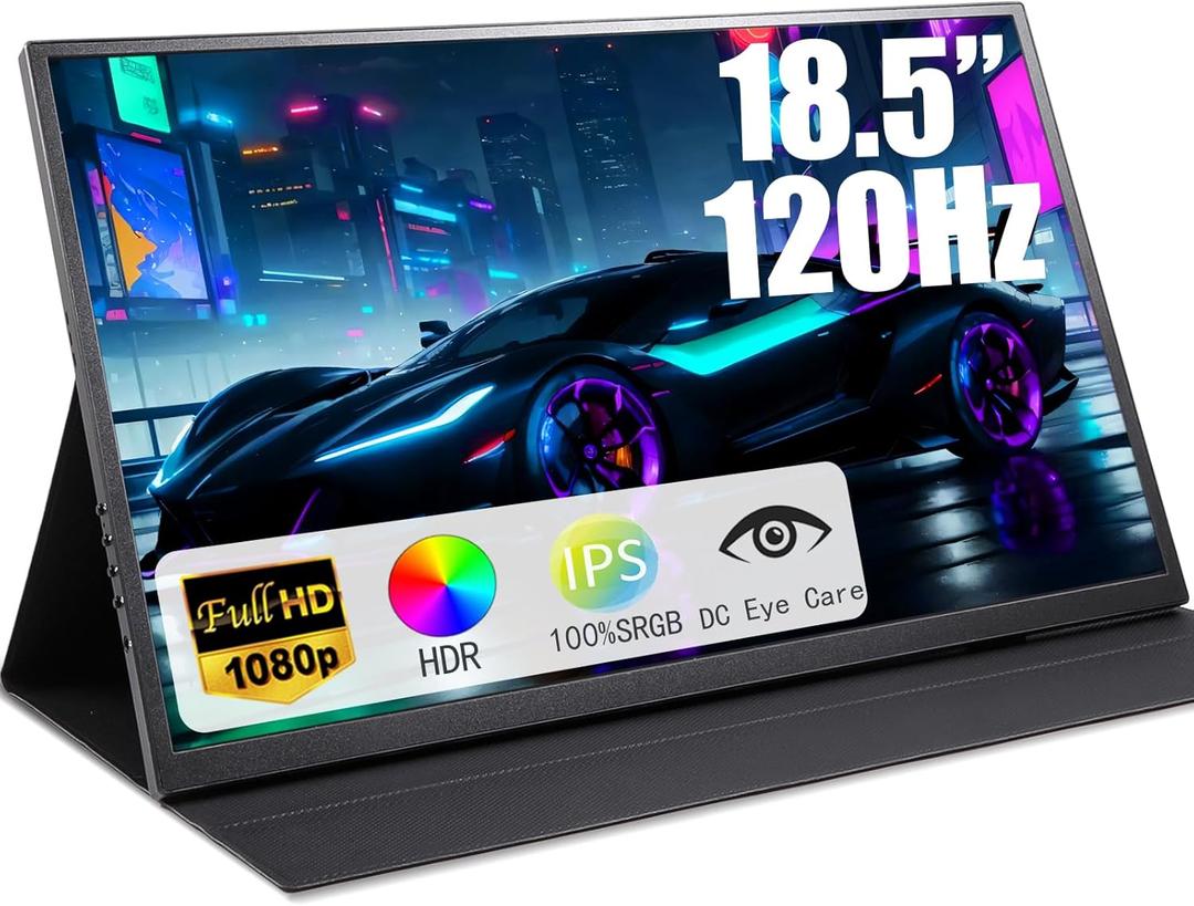 Large 18.5 Inch Portable Monitor, 120Hz IPS FHD 1080P USB-C HDMI Display with Kikstand and Sleeve Case & VESA Mount, 125% sRGB, Ultra-Slim Second Screen for Laptop/PC/PS5/Switch  Built-in Speaker