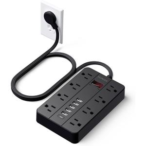 Power Strip with USB Ports, HUNIAN 5 Ft Extension Cord Flat Plug with 8 Outlets, 6 USB Charger(1 USB C Port), Indoor Desk Charging Station Surge Protector for Home and Office Accessories, Black