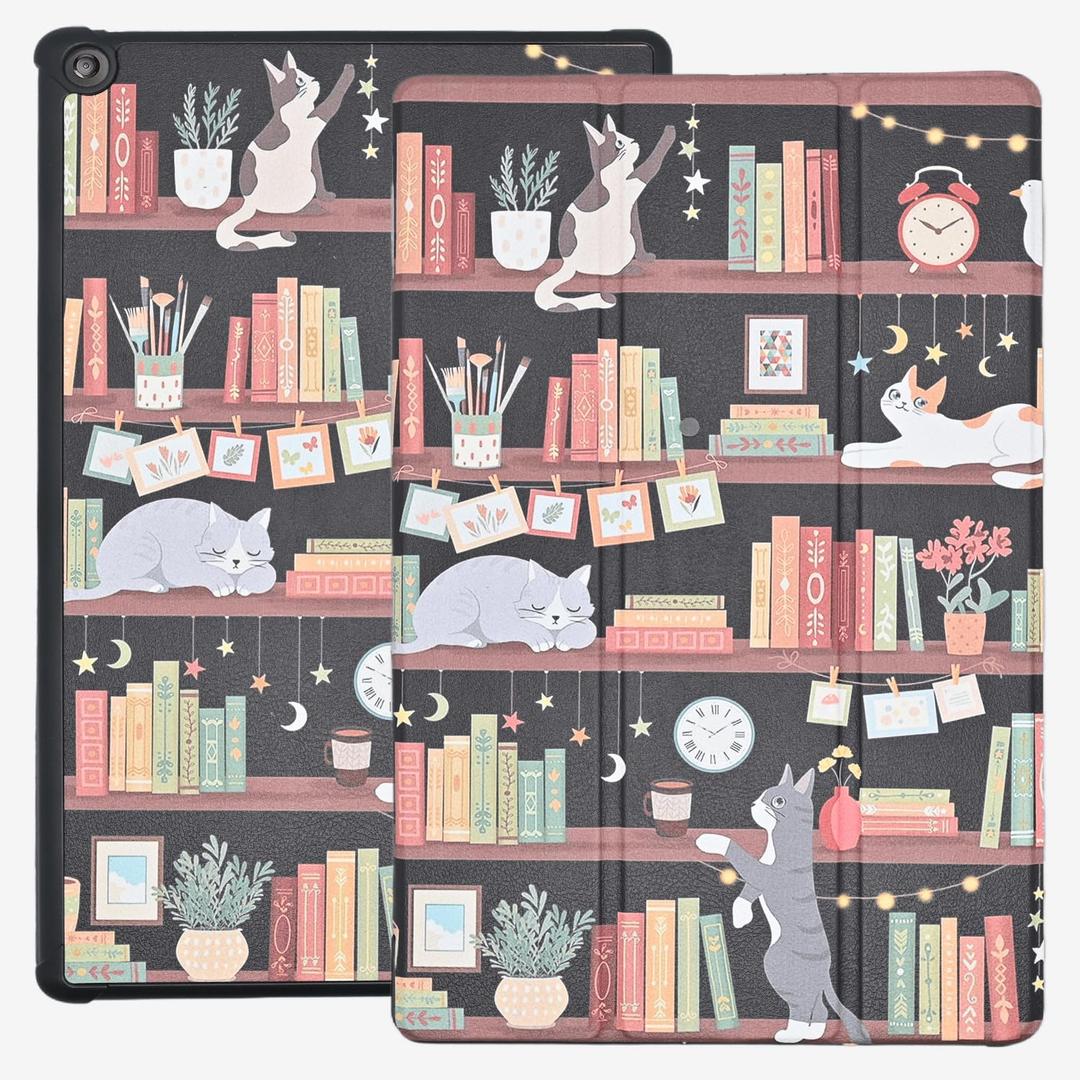 Case for Amazon Fire HD 10 (9th / 7th Generation, 2019/2017 Released), Lightweight Trifold Stand Protective Cover with Auto Wake/Sleep, Bookshelf Cat