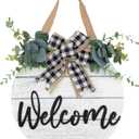 3D Welcome Wreaths for Front Door | White Horizontal Concave Stripes Wooden Farmhouse Welcome Sign for Home Wall Decor