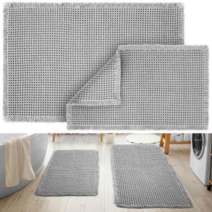 Tinideya Waffle Bathroom Rugs and Mats Sets 2 Pcs Waffle Bath Mat 18 x 30 and 24 x 36 Absorbent Non Slip Machine Washable Bath Rugs(Light Gray)