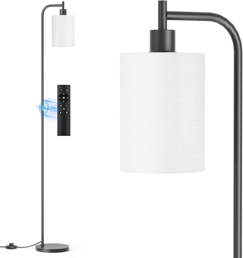 Floor Lamp with Linen Shade, Dimmable Tall Standing Lamp with Remote Control & 3 Color Temperatures, Modern Floor Lamps for Living Room Bedroom Office Corner, 9W LED Bulb Included (White)