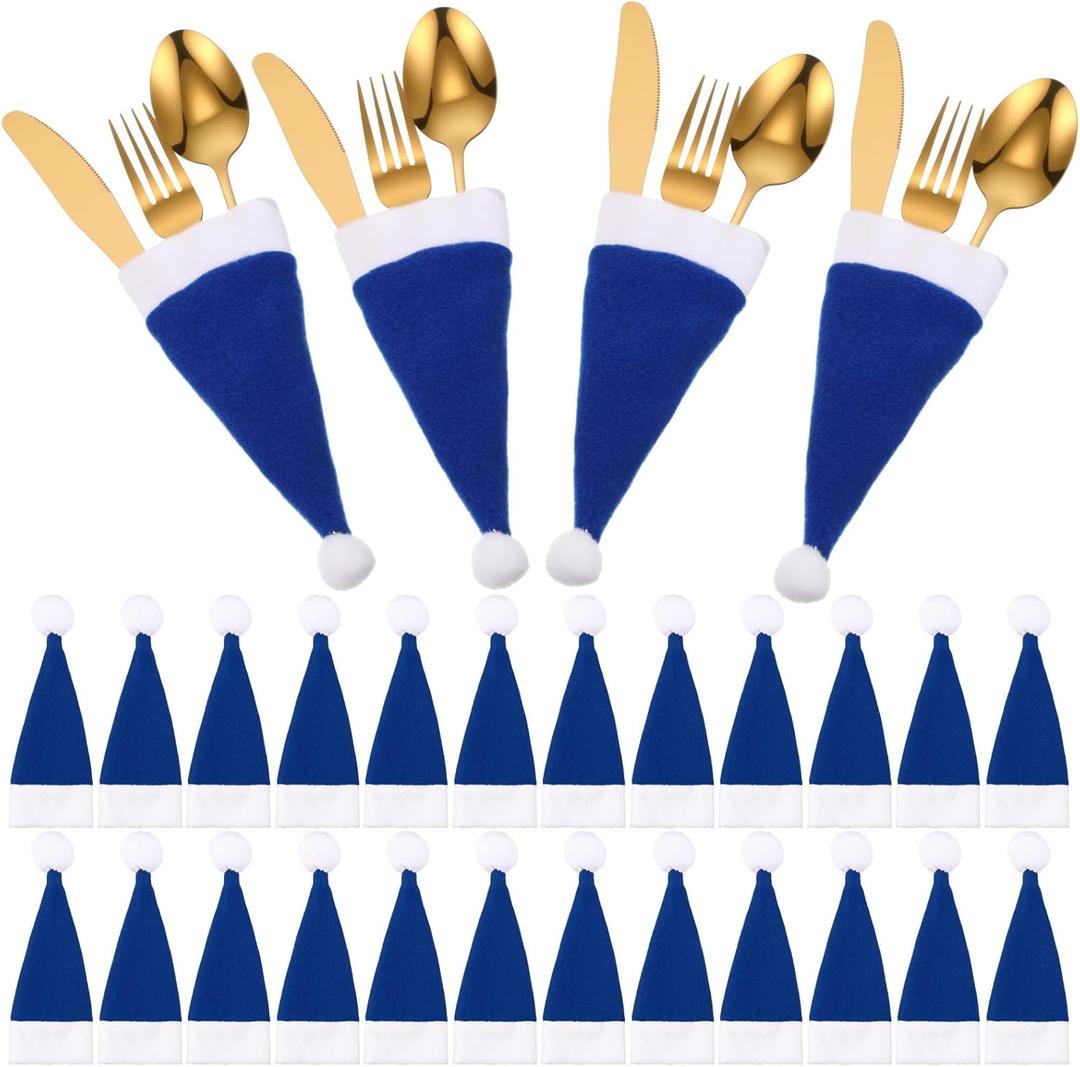30 Pack Christmas Santa Hats Silverware Holders Mini Santa Hats Xmas Party Dinner Table Dinnerware Decorations Christmas Party Supplies for Red Wine Bottle, Knife, Fork, Candy(Blue)