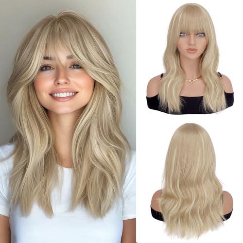 Haloo Blonde Wigs with Bangs - 19 Inch Natural Wavy Synthetic Heat Resistant Medium Length Hair Wigs for Women, Daily Party, Dirty Blonde