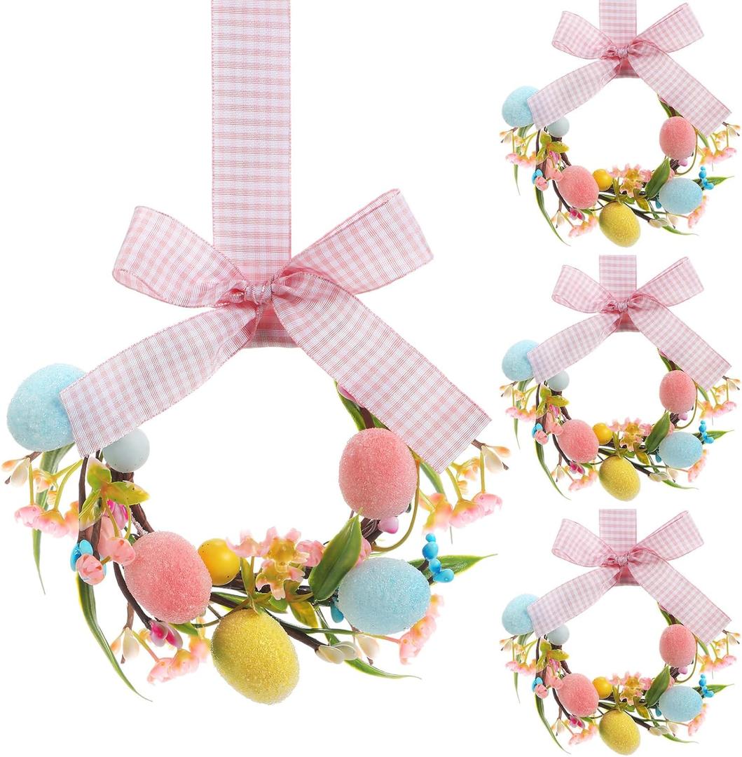 Hoteam 4 Pcs Easter Kitchen Cabinet Wreath with Plaid Bow Ribbon 8.7'' Mini Artificial Easter Egg Wreath Spring Berry for Front Door Window Wall Decor (Pink Bow)