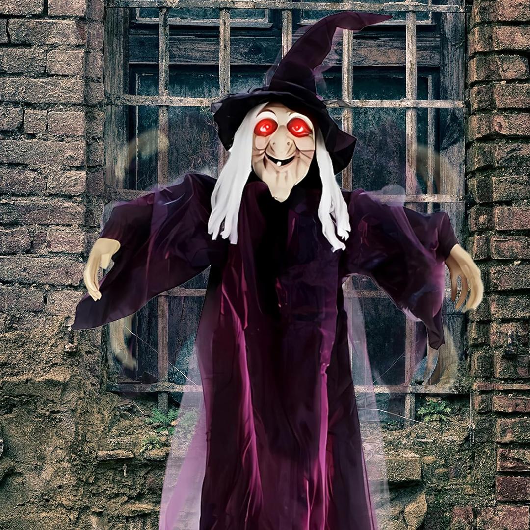 Halloween Witch Decorations Outdoor Life Size Hanging Talking Witch Animated Halloween Witch with Sound Activation and Red Eyes for Halloween Decorations Haunted House Prop Décor, Purple