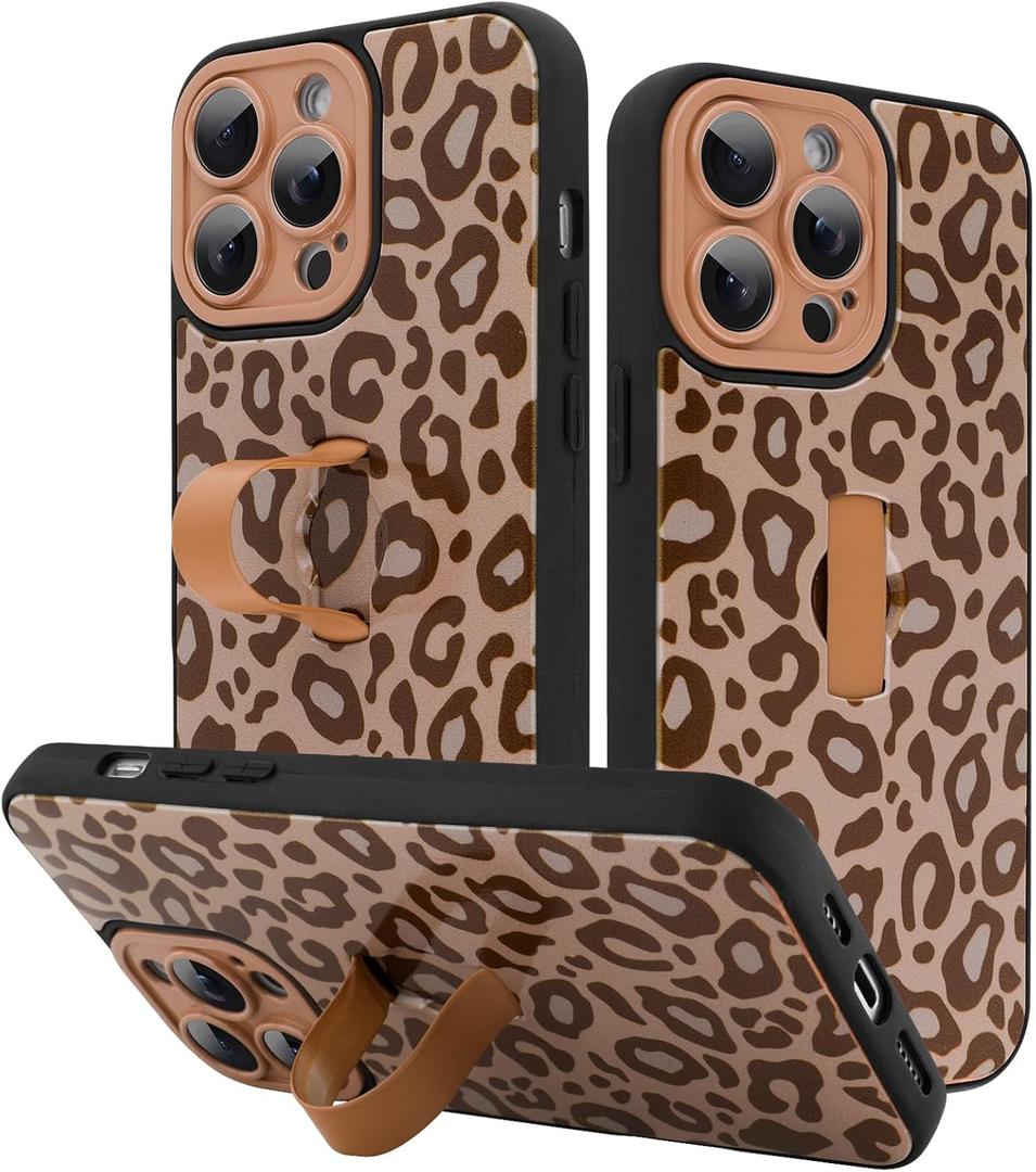 KANGHAR for iPhone 13 Pro Case Brown Leopard Print Pattern Cute Cheetah Wristband Stand Phone Cover for Women Girls Men Shockproof Slim Protective Cover for iPhone 13 Pro 6.1 Inch