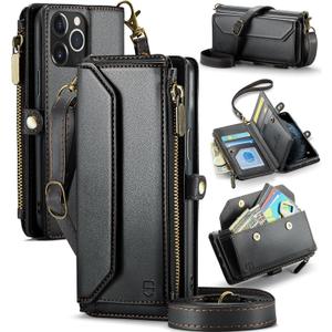 Strapurs Wallet Case Compatible with iPhone 11 Pro RFID Blocking 7-Card Holder Soft PU Leather Magnetic Snap Shoulder Strap Zipper Pocket Phone Case Fit for iPhone 11 Pro 5.8" - Black