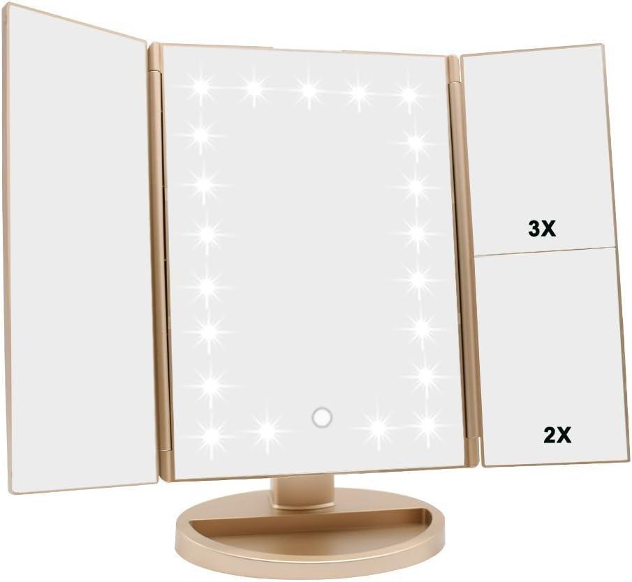 Tri-fold Lighted Vanity Makeup Mirror with 3x/2x/1x Magnification, 21Leds Light and Touch Screen,180 Degree Free Rotation Countertop Cosmetic Mirror,Travel Makeup Mirror (Gold)