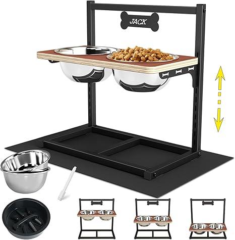 Elevated Dog Bowls with Slow Feeder - 9 Heights Adjustable Raised Dog Bowl Stand with Two 1.7L Stainless Steel Dog Food Bowls & Slow Feeder and a Nonslip Pad, Perfect for Medium Large Breed (Black)