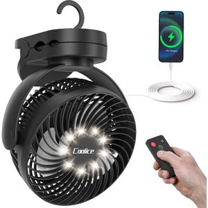 Camping Fan with Remote Control - 12000mAh Rechargeable Battery Powered Fan, Camping Fans for Tents with LED light & Hanging Hook, Rechargeable Battery Operated Ceiling Fans for Tent RV Bed, Black