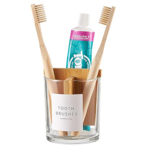Onsogi Glass Toothbrush and Toothpaste Holder with Bamboo Divider for Bathroom Countertop, Toothbrush Organizer Stand for Bathroom Vanity Countertops - 1 Pack