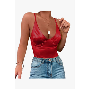 Velius Women's Sexy Metallic Shiny Bodysuit Tank Tops for Night Club Going Out Size -XXL, Red 