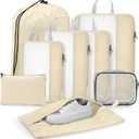 Gonex 8 Set Expandable Mesh Packing Cubes for Travel Essentials, Compression Organizer with Toiletry, Laundry, Shoe, Cable Bags - Beige