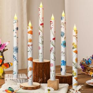Nuanchu 6 Pcs Flower Flameless Candles 10. 6 '' LED Pressed Floral Pastel Taper Candle Battery Operated Flameless Taper Candlestick Dried Flower Candlestick for Home Wedding Summer Garden Party Decor