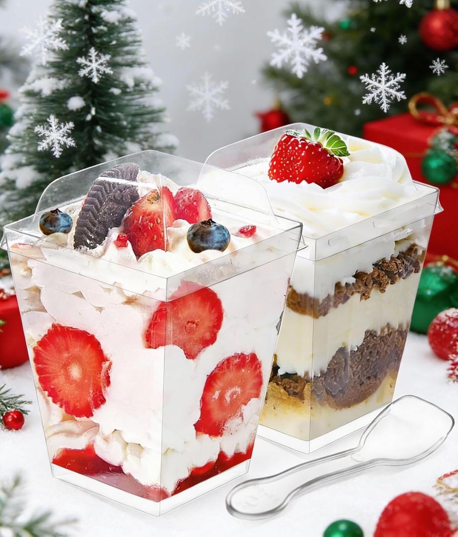 OTOB 150 Pack 5.4 oz Dessert Cups with Lids and Spoons | Serves 50 | Small Square Plastic Cake Pudding Cups, Mini Party Serving Cups for Parfait, Yogurt, Appetizers, Mousse, Dessert Shot Glasses Bowl