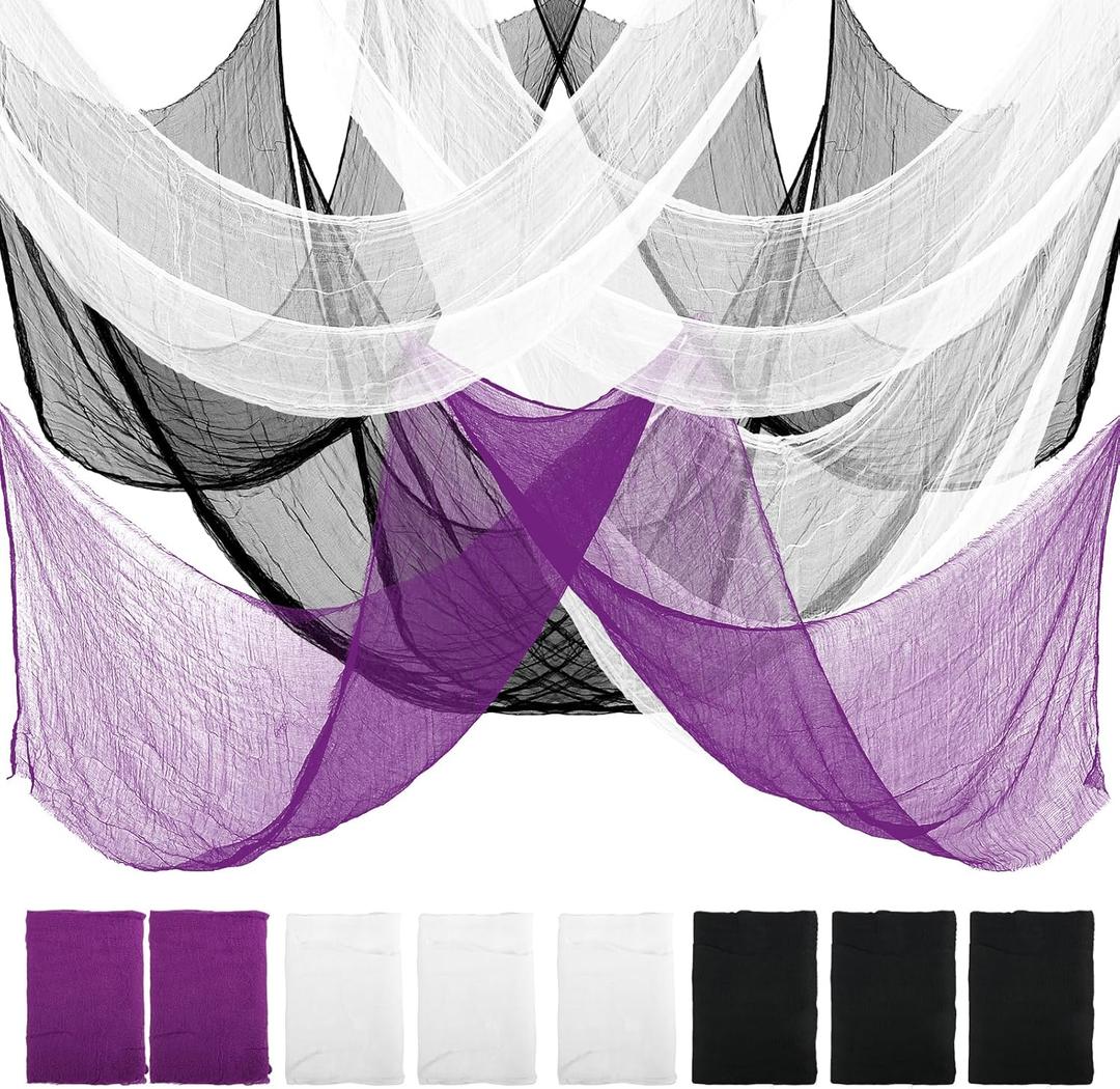 AHEONLAR 8 Pack Halloween Creepy Cloth 30x72 Inch Spooky Fabric Cloth Indoor Outdoor Halloween Decorations for Party Supplies, Home Wall, Doorway, Yard (3 Black, 3 White, 2 Purple)