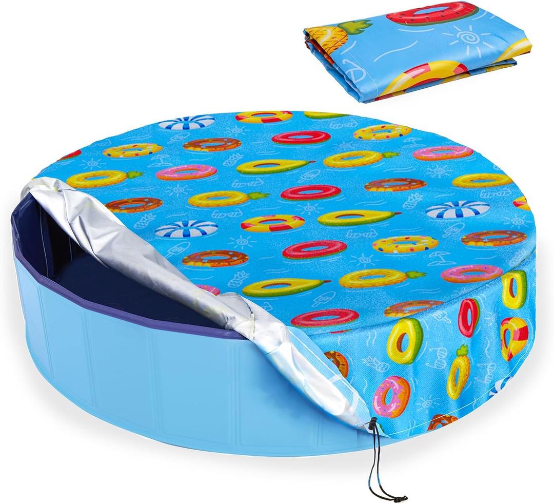 Round Dog Pool Cover 63"(5ft), Foldable Kiddie Solar Cover Fit Dog Collapsible Swimming Pool, Pets Kids Bath Tub, Anti-UV Dustproof Safety Pool Covers, Colorful Swimming Ring (Large(63" x 12"))