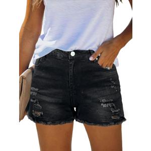 This is a pair of black high-waisted denim shorts featuring frayed hemlines and ripped L