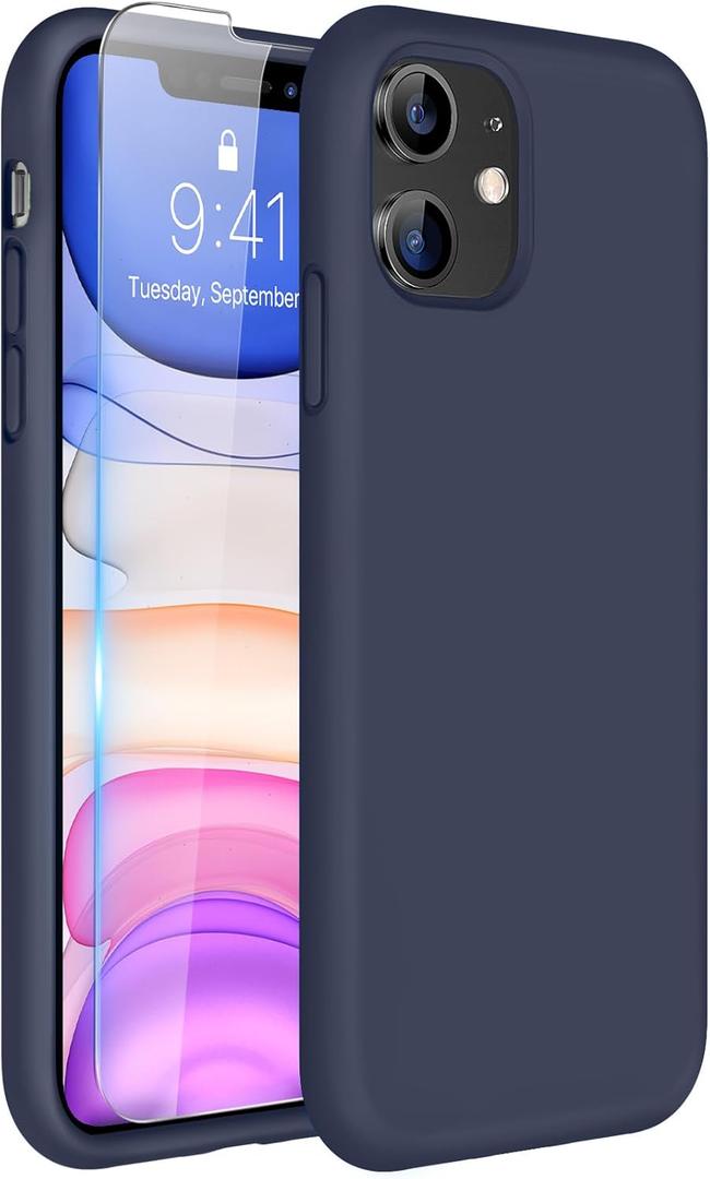 Miracase Designed for iPhone 11 Phone Case, with Screen Protector, Liquid Silicone Gel Rubber Full Body Drop Protection Shockproof Cover Phone Case for iPhone 11 6.1 inch, Navy Blue