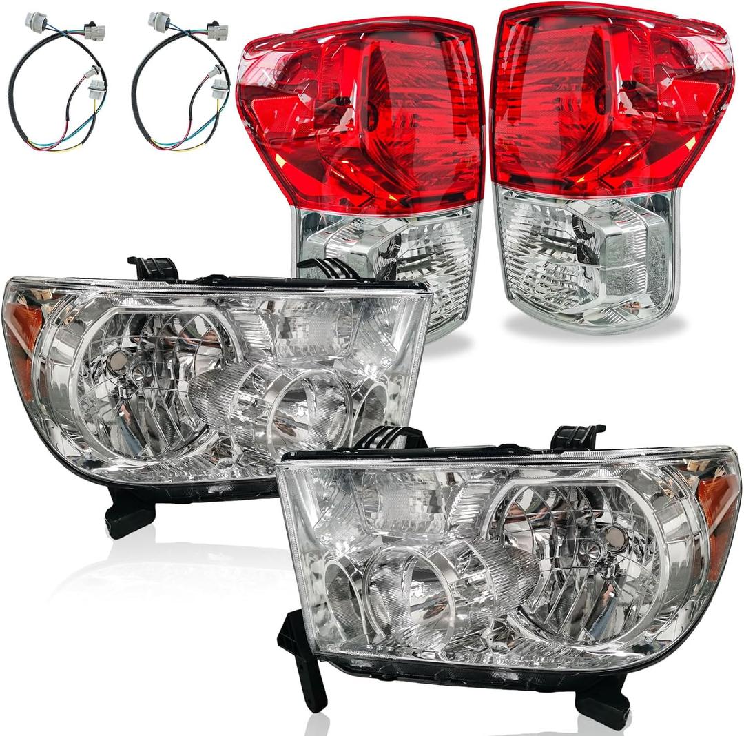 4PCS Headlights and Tail Lights Assembly Set For 2007 2008 2009 2010 2011 2012 2013 Toyota Tundra Pickup Replacement HeadlampsW/Leveling Adjuster Chrome Housing Clear lens Rear Brake Lamps Kit(LH&RH)