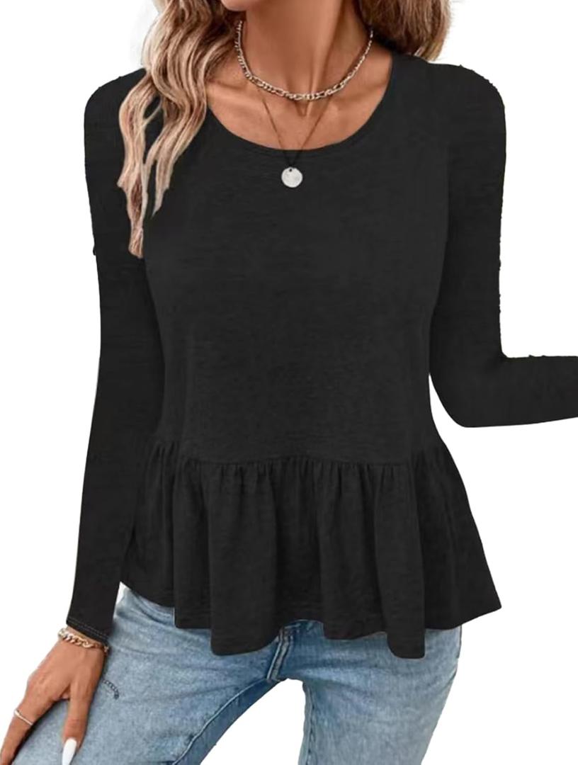 Women's Casual Crewneck Long Sleeve Ruffle Hem Peplum Babydoll T-Shirt Tee Top (Medium, Black)