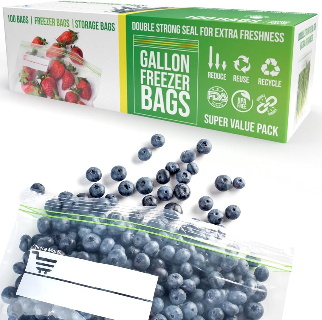 Freezer Bags 1 Gallon Resealable  100 Count - Extra Strong 2.4Mil Thick Freezer Bags Gallon Leak Proof With Double - Zip