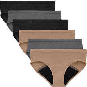 Hanes Girls' Comfort, Period. Boys'hort & Hipster Period Underwear, Moderate Protection (14, Hipster - Black/Grey/Tan - 6 Pack)