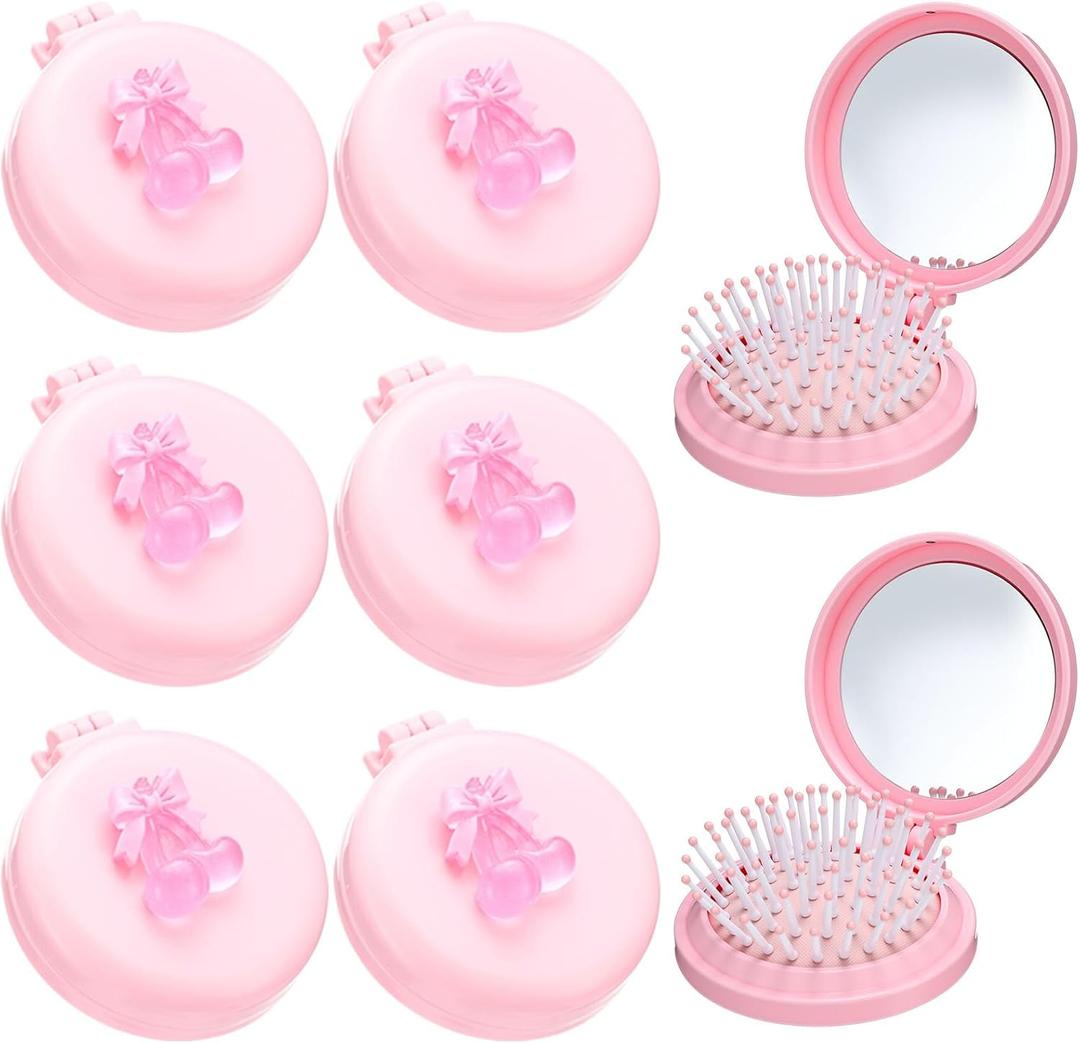 LemonRoad 6 Pack Compact Travel Mirror Hair Brushes, Mini Mirror Comb, Round Portable Folding Pocket Hairbrush, Small Size Massage Comb, Coquette Bow Party Favor for Women (Pink)